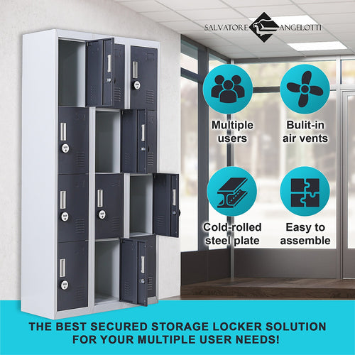 12-Door Locker – Grey with Charcoal Door with 4-Digit Combination Lock | Secure Storage for Office, Gym or School Use