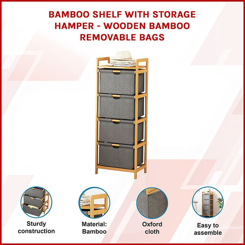 Bamboo Shelf with Storage Hamper – Wooden Organiser Rack with 4 Removable Laundry Bags