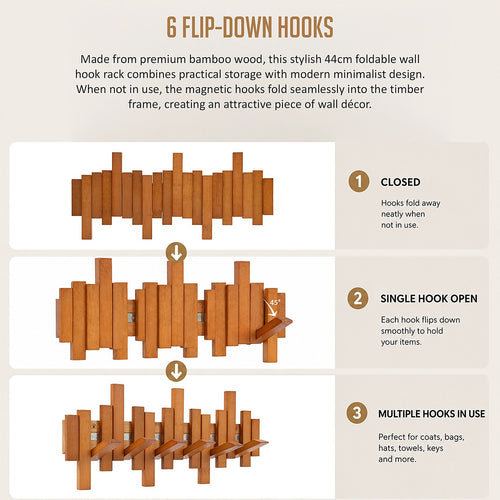 Wood Wall Mounted Coat Rack with 6 Flip Down Hooks 44cm Foldable Bamboo Wall Hook Rack