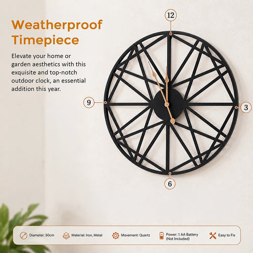 Large Metal Outdoor Wall Clock – Weather-Resistant Design for Garden or Home Décor