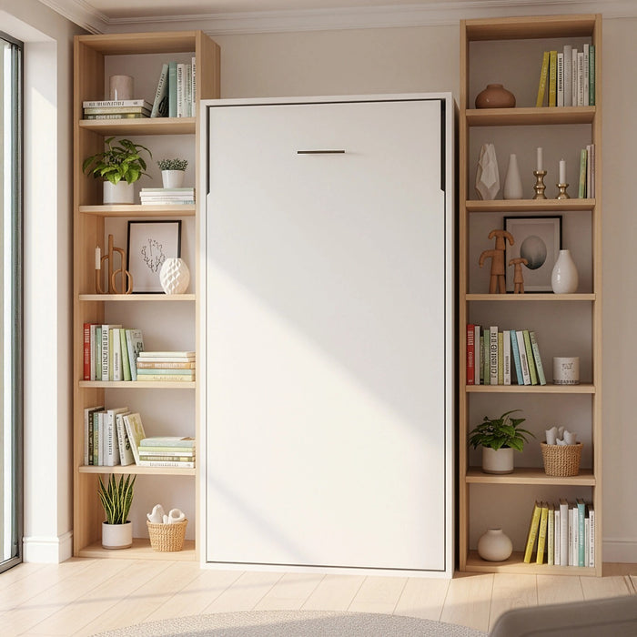 Single Wall Bed in White – Space Saving Murphy Bed Kit with Gold Door Handle