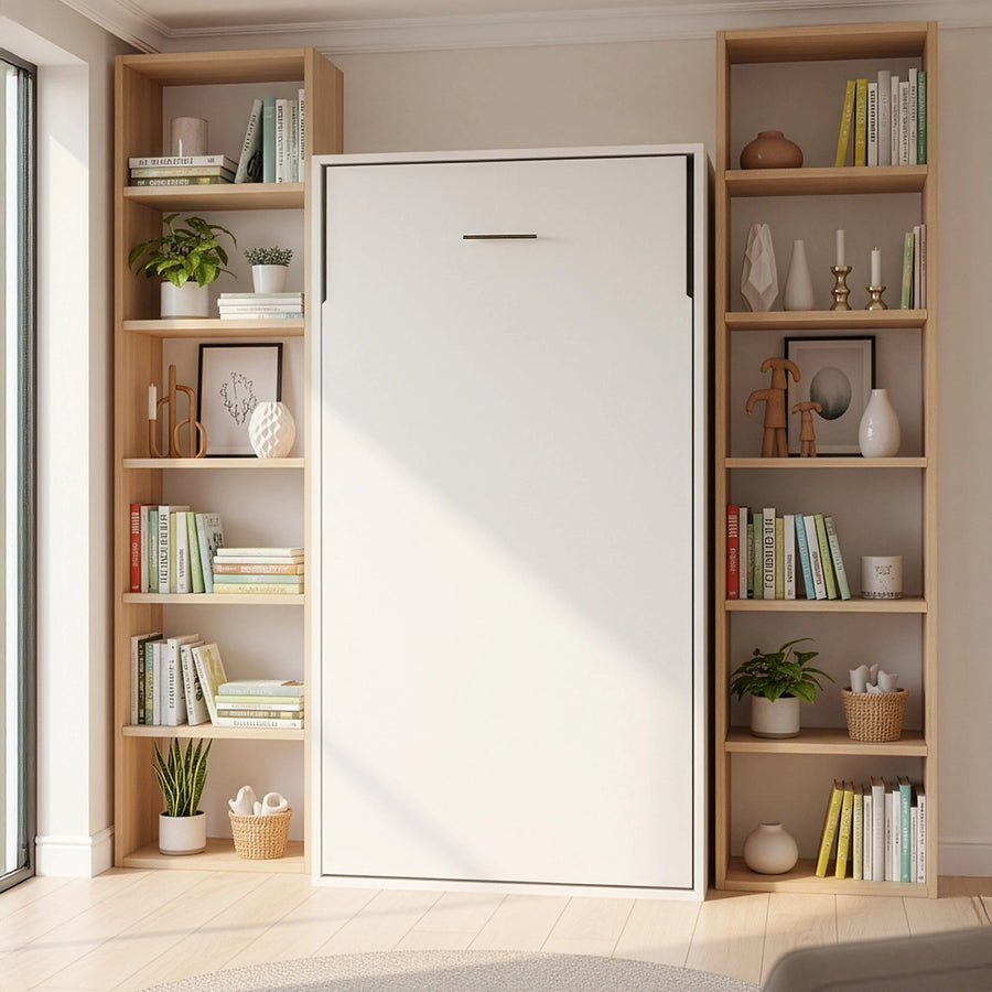 Single Wall Bed in White – Space Saving Murphy Bed Kit with Gold Door Handle