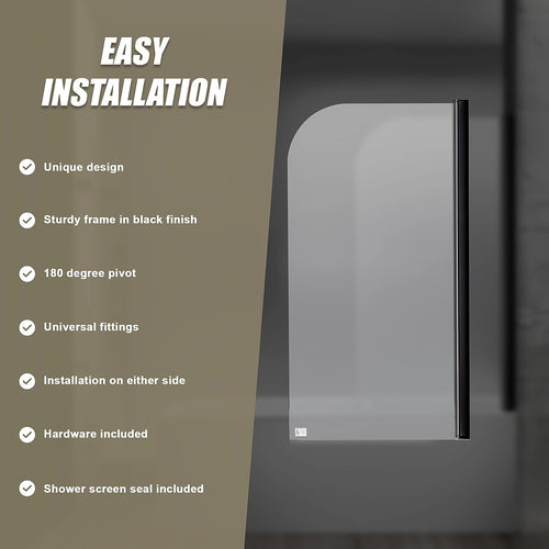 180° Black Pivot Door 6mm Safety Glass Bath Shower Screen By Della Francesca - 80 x 140cm