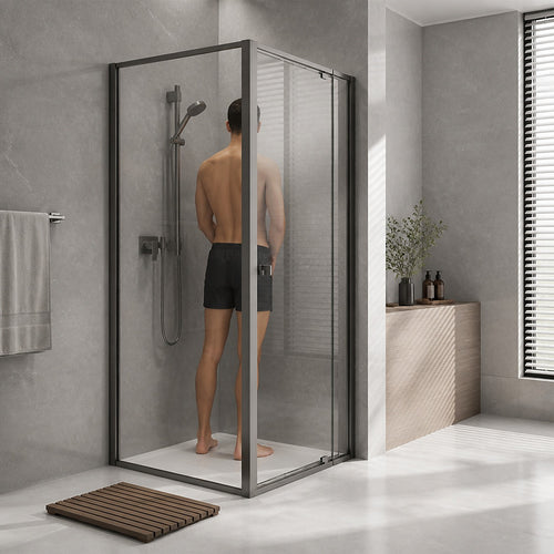 Semi-Frameless Shower Screen – Gunmetal, Front: (74~82)x195cm, Side: (77~80)x195cm