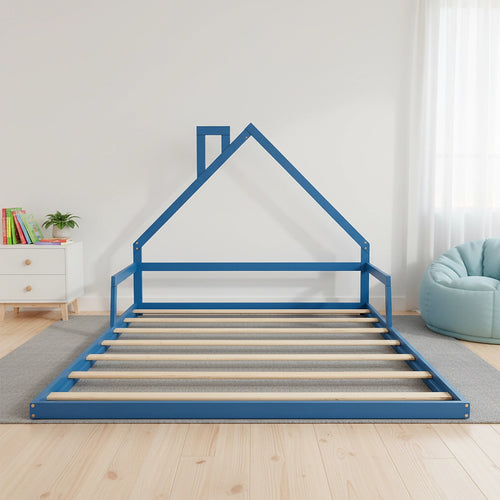 Low Bed for Kids - Blue Pine Wood Double Floor Bed