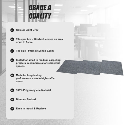 5m² Light Grey Carpet Tiles Set – Commercial & Home Flooring for Office, Retail & Living Areas