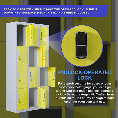 Grey with Yellow Door 12-Door Locker for Office Gym Shed School Home Storage - Padlock-operated