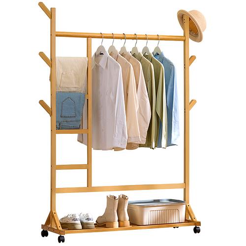 Portable Bamboo Clothes Rack with Garment Rail, Storage Shelves & Rolling Wheels