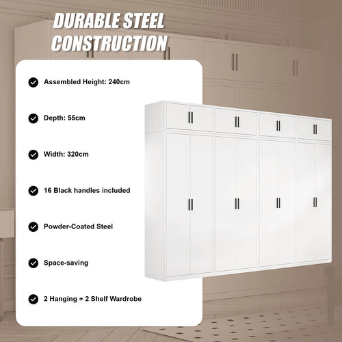 320x240cm 8-Door White Steel 2 Hanging and 2 Shelf Wardrobe with Black Handle Storage Cabinet