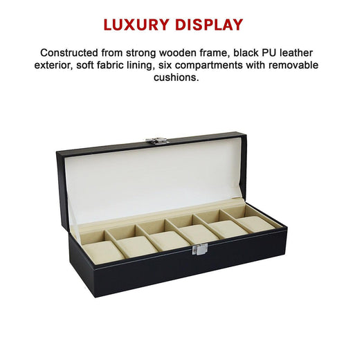 6 Slot Men’s Watch Display Case Box Black PU Leather