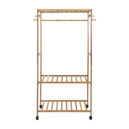 Heavy Duty Wooden Clothes Rail with Shelves & Wheels – Open Wardrobe Rack Stand