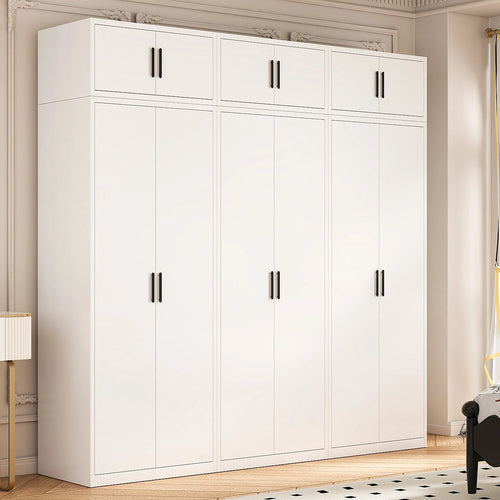 240x240cm 6-Door White Steel 2 Hanging and 1 Shelf Wardrobe with Black Handle Storage Cabinet
