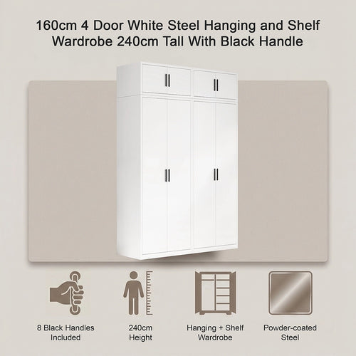 160x240cm 4-Door White Steel Hanging and Shelf Wardrobe with Black Handle Storage Cabinet