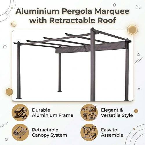 3x4M Aluminium Pergola Marquee with Retractable Roof – Outdoor Garden Patio Canopy Shelter