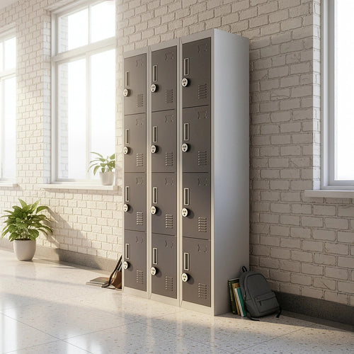 12-Door Locker – Grey with Charcoal Door with 4-Digit Combination Lock | Secure Storage for Office, Gym or School Use