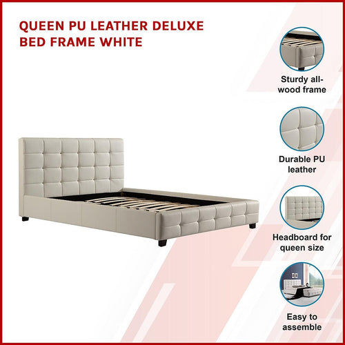Queen White PU Leather Deluxe Bed Frame