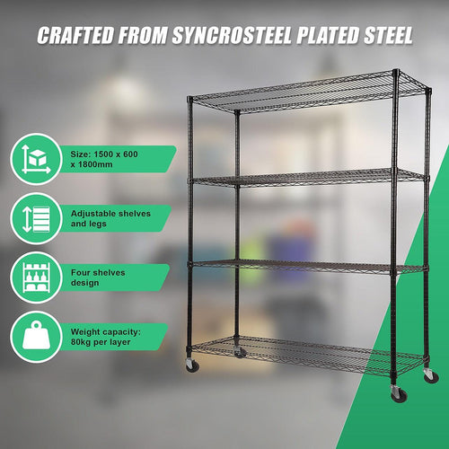 Modular Wire Storage Shelf 1500 x 600 x 1800mm Steel Shelving - Baking Black Technology with Wheels
