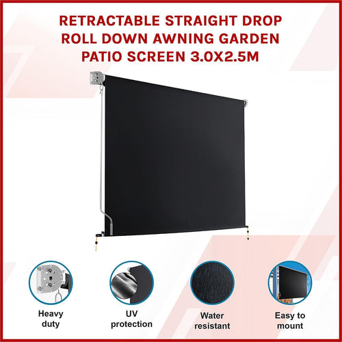 Retractable Straight Drop Awning Screen - Black - 3x2.5m 