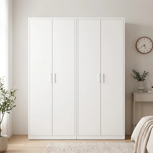 160x200cm 4-Door White Steel Hanging and Shelf Wardrobe with White Handle Storage Cabinet