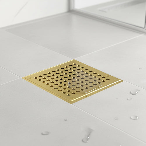 10 x 10cm Square Shower Drain with Grid Pattern Grate – Brushed Gold Stainless Steel