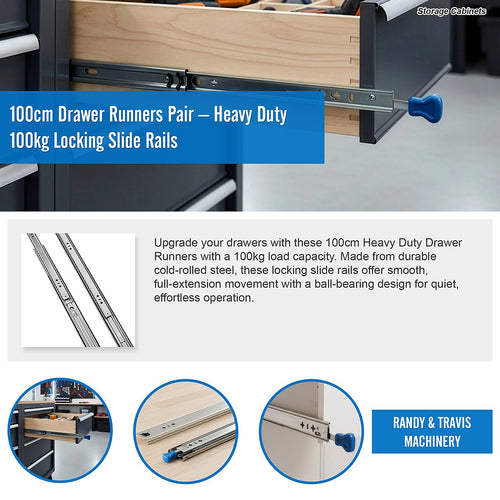100cm Heavy Duty Drawer Runners Pair – 100kg Locking Slide Rails