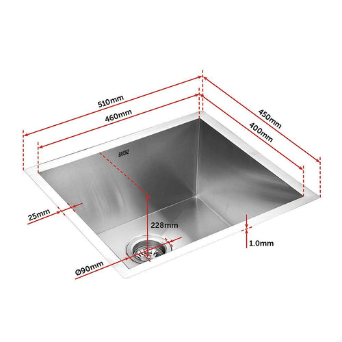 510x450mm Stainless Steel Handmade 1.0mm Sink with Waste in Stainless Steel Finish