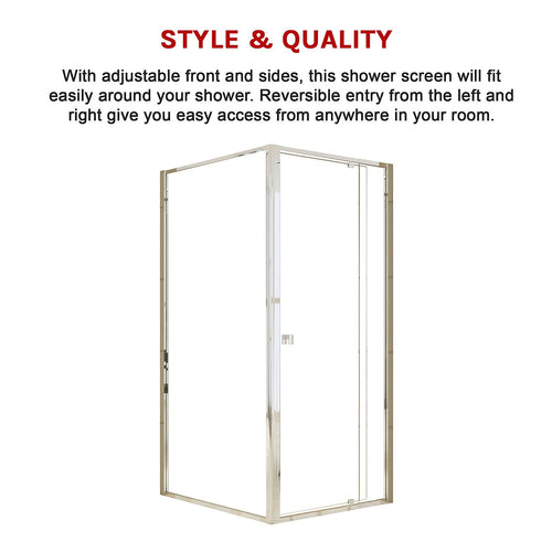 Adjustable Semi Frameless Shower Screen Front: (82~90)x195cm with Gold Hardware and Side: (98~101)x195cm