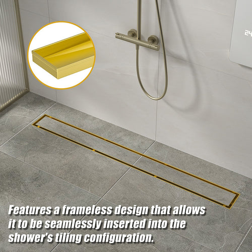 90cm Brushed Brass Tile Insert Shower Grate – Centre Outlet Floor Drain