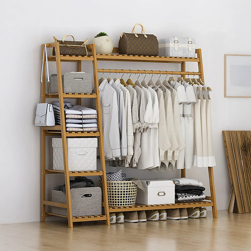 Portable Clothes Rack Coat Garment Stand Bamboo Rail