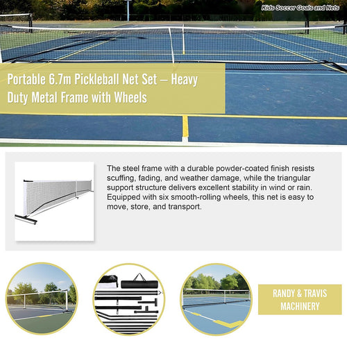 Portable 6.7m Pickleball Net Set with Heavy-Duty Metal Frame & Smooth-Rolling Wheels