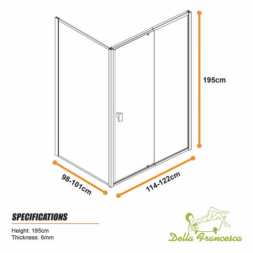 Semi-Frameless Shower Screen – Gunmetal, Front: (114~122)x195cm, Side: (98~101)x195cm