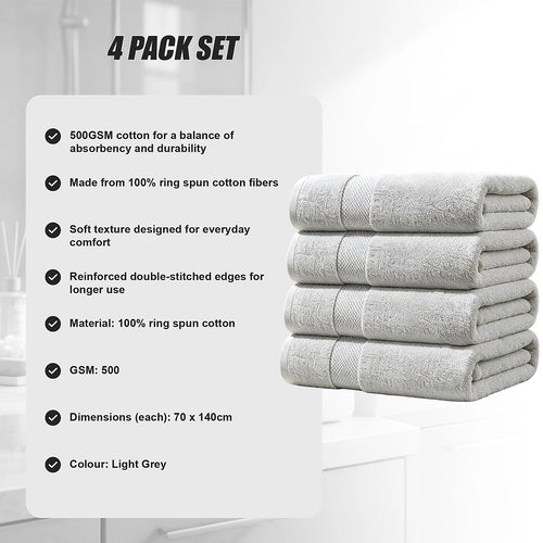 500 GSM Cotton Bath Towels 4 Pack Grey