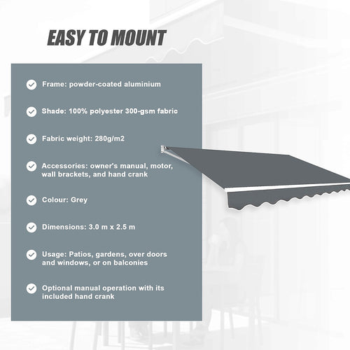 Automatic Retractable Awning 3x2.5m - Grey Outdoor Wall Sunshade