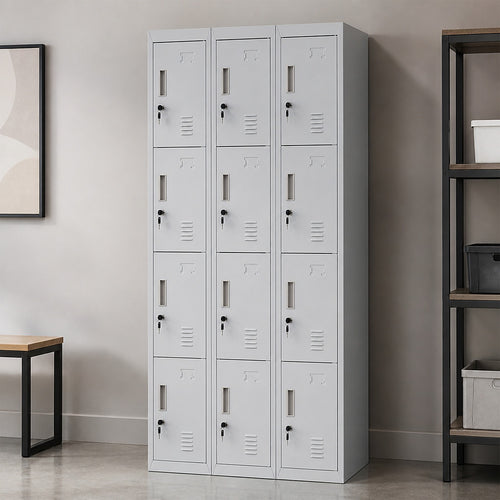 12-Door Steel Locker – Grey, Standard Lock with 2 Keys
