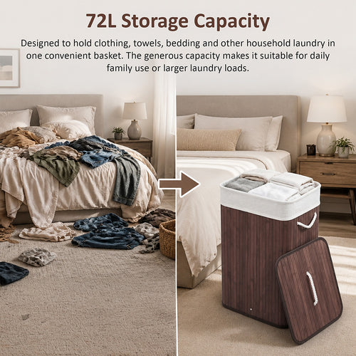72L Wood Bamboo Laundry Hamper with Lid & Removable Liner Bag