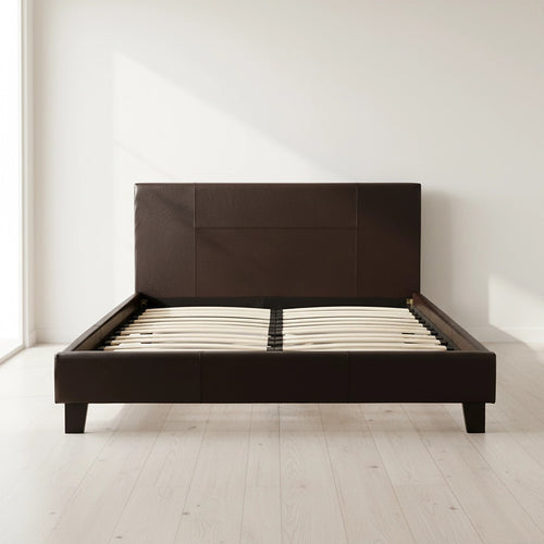 Double Size Bed Frame with Headboard – Brown PU Leather