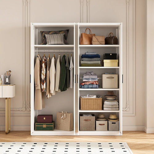 160x200cm 4-Door White Steel Hanging and Shelf Wardrobe with Black Handle Storage Cabinet