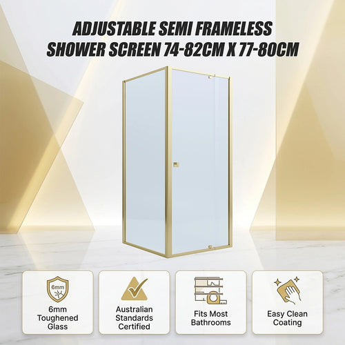 Adjustable Semi Frameless Shower Screen Front: (74~82)x195cm with Gold Hardware and Side: (77~80)x195cm