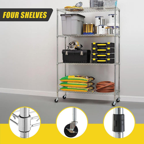 Modular Wire Storage Shelf 900 x 450 x 1800mm Steel Shelving - Carbon Chrome Plated with Wheels