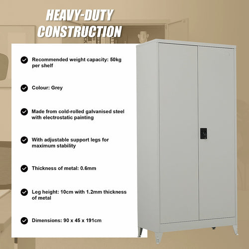 Double-Door Metal Cabinet with 4 Shelves – Office, Garage, or Home Storage in Grey with Legs