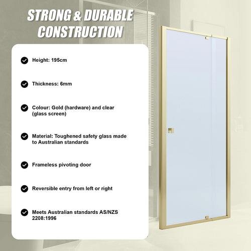 Adjustable Semi Frameless Shower Screen Front: (114~122)x195cm with Gold Hardware and No Side Return