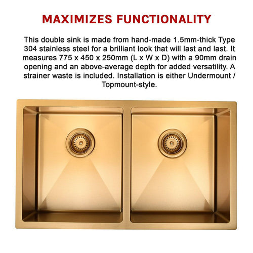 775x450mm Stainless Steel Handmade 1.5mm Sink with Waste in Gold with sand-finish Finish