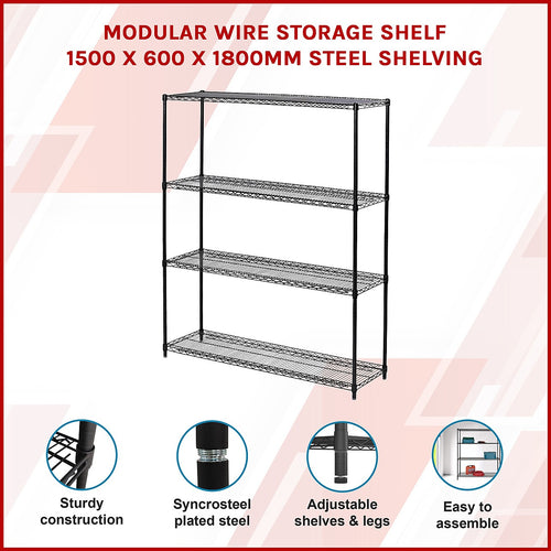 Modular Wire Storage Shelf 1500 x 600 x 1800mm Steel Shelving - Baking Black Technology