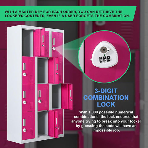 Grey with Pink Door 12-Door Locker for Office Gym Shed School Home Storage - 3-Digit Combination Lock
