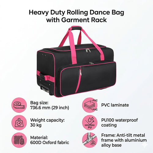 736.6 mm Heavy Duty Rolling Dance Bag with Built-In Garment Rack for Travel & Competitions