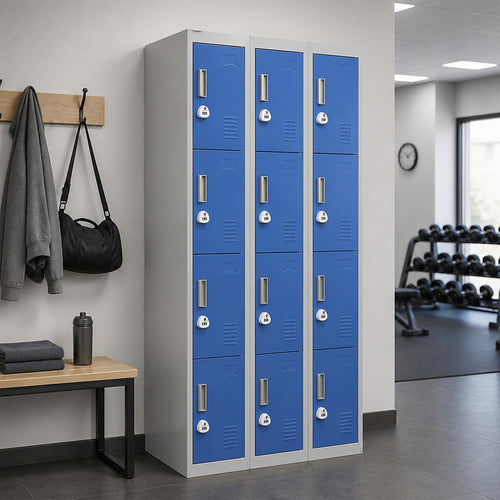12-Door Steel Locker – Grey with Blue Door, 3-Digit Combination Lock