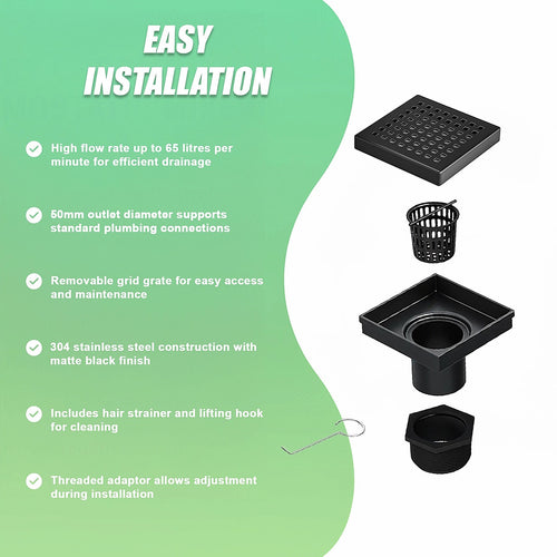 15 x 15cm Square Shower Drain with Grid Pattern Grate – Matte Black Stainless Steel