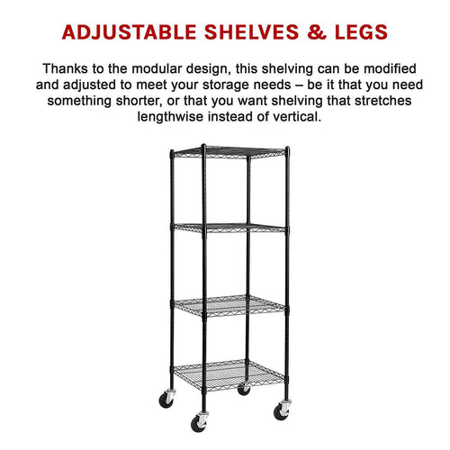 Modular Wire Storage Shelf 600 x 600 x 1800mm Steel Shelving - Baking Black Technology with Wheels