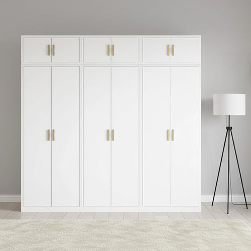 240x240cm 6-Door White Steel 1 Hanging and 2 Shelf Wardrobe with Gold Handle Storage Cabinet