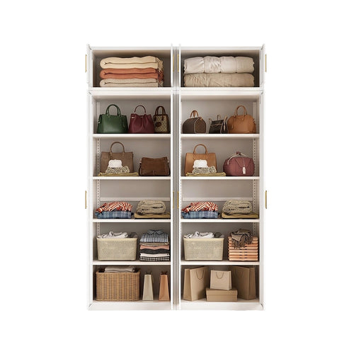 160x240cm 4-Door White Steel Shelf Wardrobe with Gold Handle Storage Cabinet